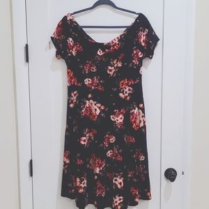 Black floral off shoulder Ponte skater dress